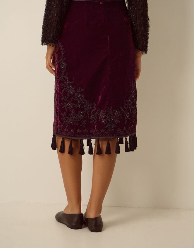 Mila Embellished Velvet Knee Length Skirt, Red (BURGUNDY), large