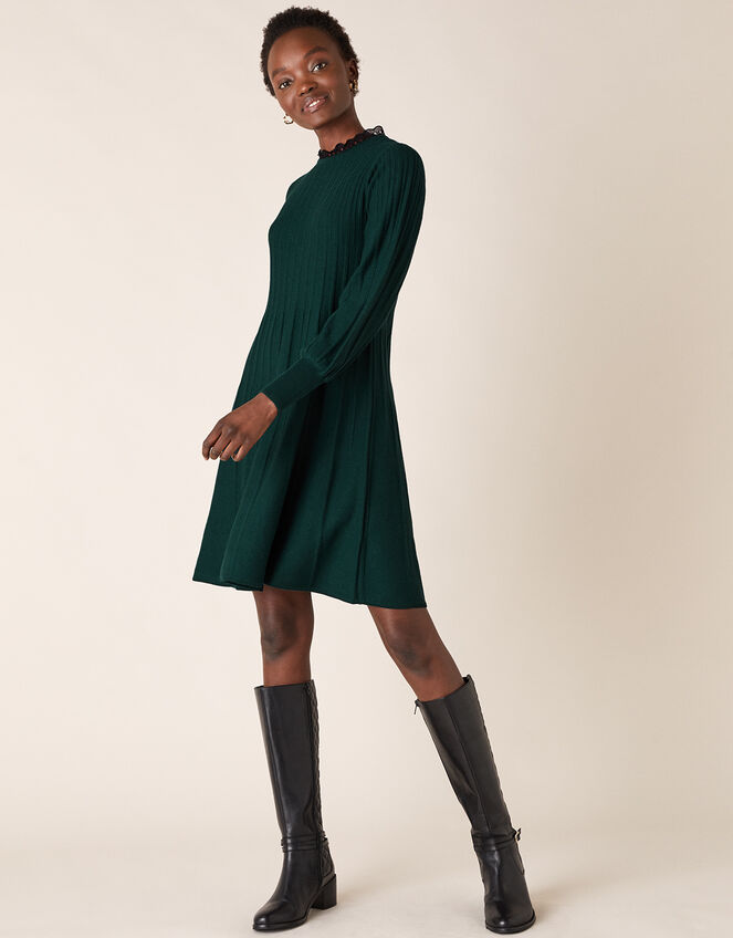 Woven Neckline Knit Dress, Green (DARK GREEN), large
