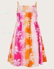 Sunset Ombre Palm Print Shirred Dress, Pink (PINK), large