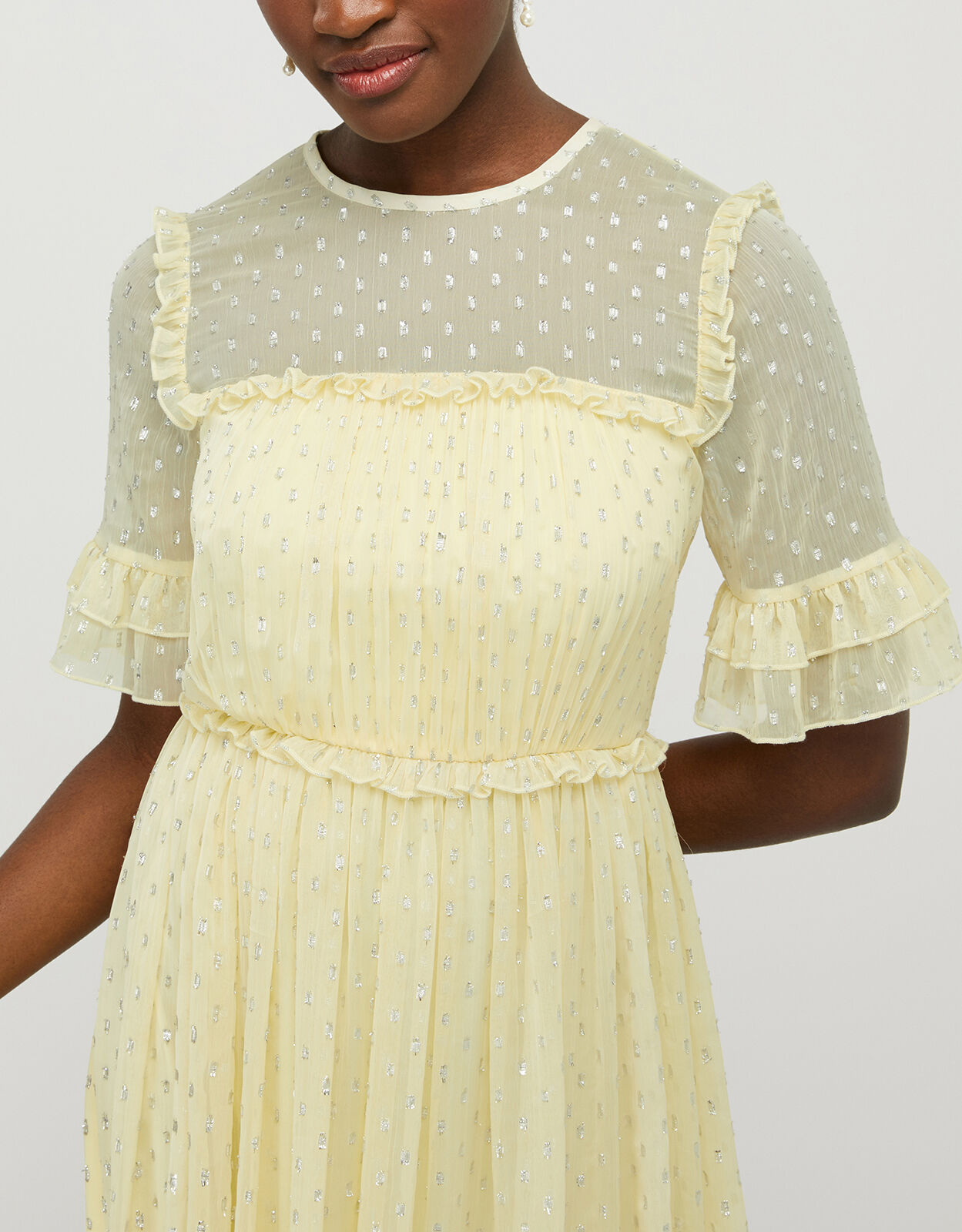 Dafne Metallic Spot Tiered Dress Yellow Evening Dresses Monsoon ROI