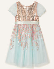 Sequin Foil Print Dress , Teal (DUCK EGG), large