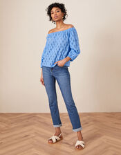 Schiffli Crop Sleeve Bardot Top, Blue (BLUE), large