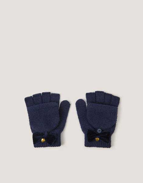 Velvet Bow Fingerless Gloves, Blue (NAVY), large