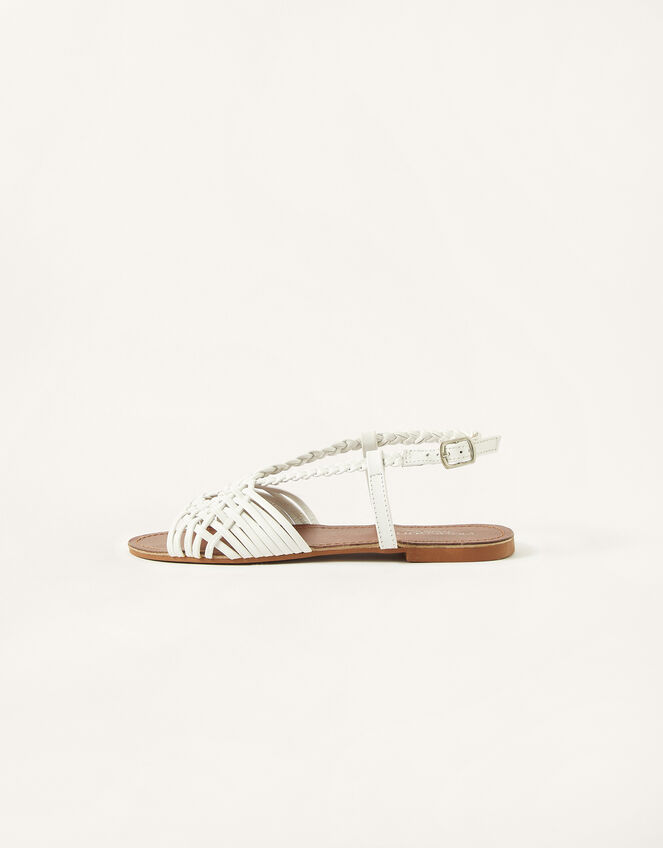 Plait Leather Flat Sandals, White (WHITE), large
