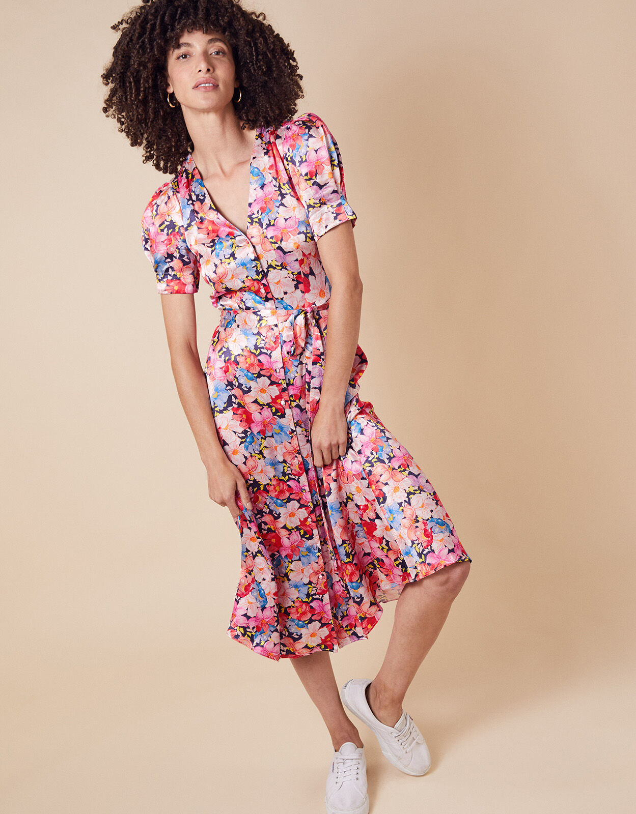 Faith Floral Print Satin Shirt Dress Blue