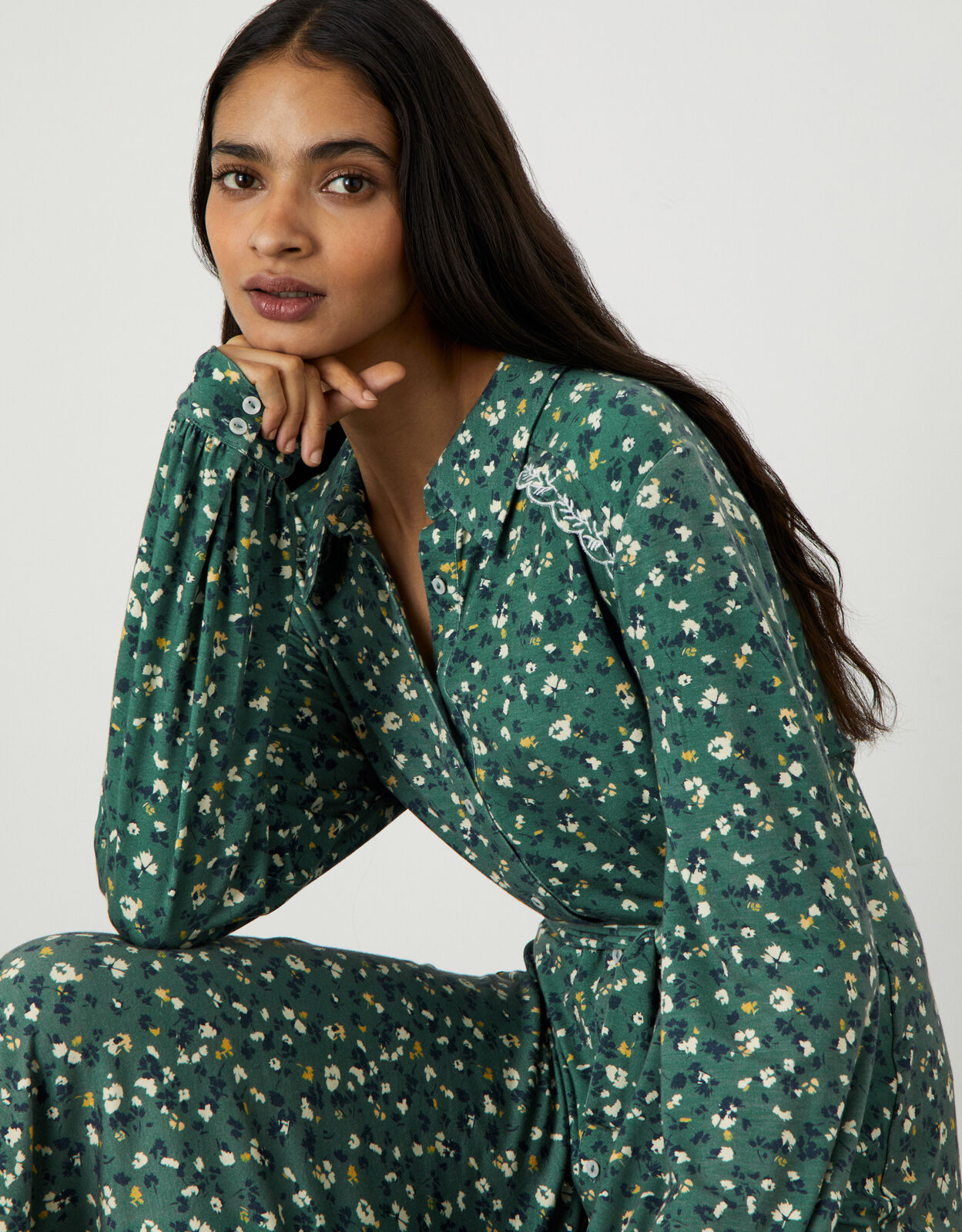 Floral Print Embroidered Shirt Dress 