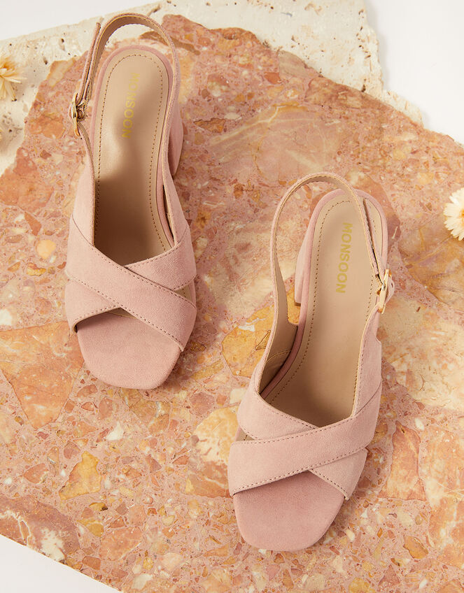 Suede Crossover Block Heels, Pink (BLUSH), large