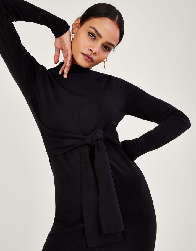 Self Belt Tie Column Dress with Sustainable Viscose, Black (BLACK), large