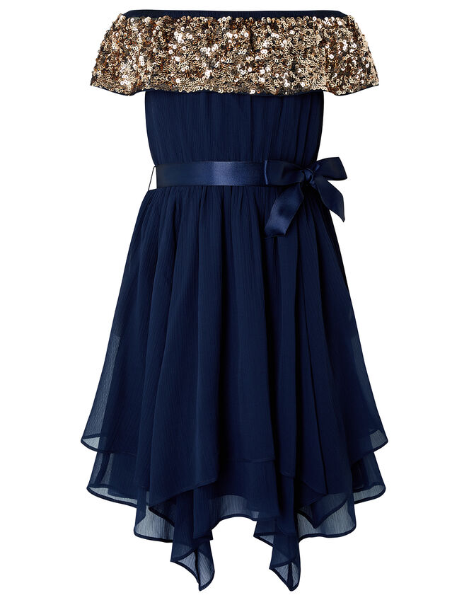 Vera Sequin Bardot Hanky Hem Dress, Blue (NAVY), large