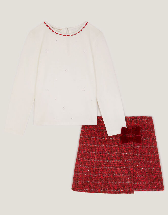 Rhinestone Top & Tweed Skort Set, Red (RED), large