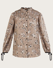 Ditsy Print Smocked Button Through Blouse, Mink (MINK), large