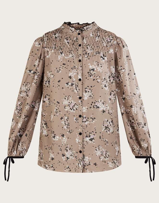 Ditsy Print Smocked Button Through Blouse, Mink (MINK), large