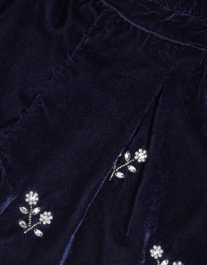 Flower Embellished Velvet Shorts, Blue (NAVY), large