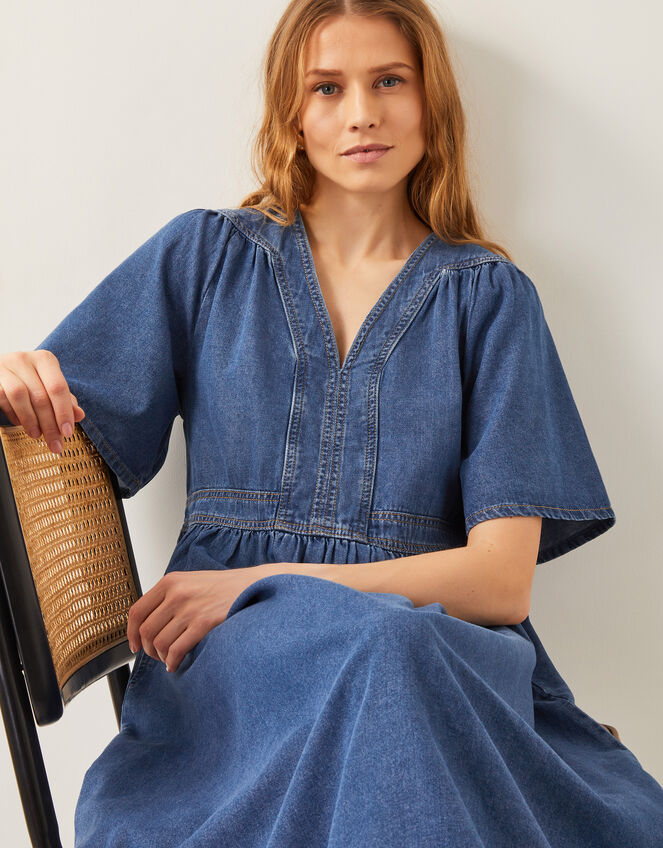 Lydia Short Sleeve Denim Midi Dress, Blue (MID INDIGO), large