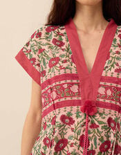 East Lessi Hand-Woodblock Border Print Dress, Red (BERRY), large
