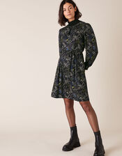 Printed Long-Sleeve Short Dress, Black (BLACK), large