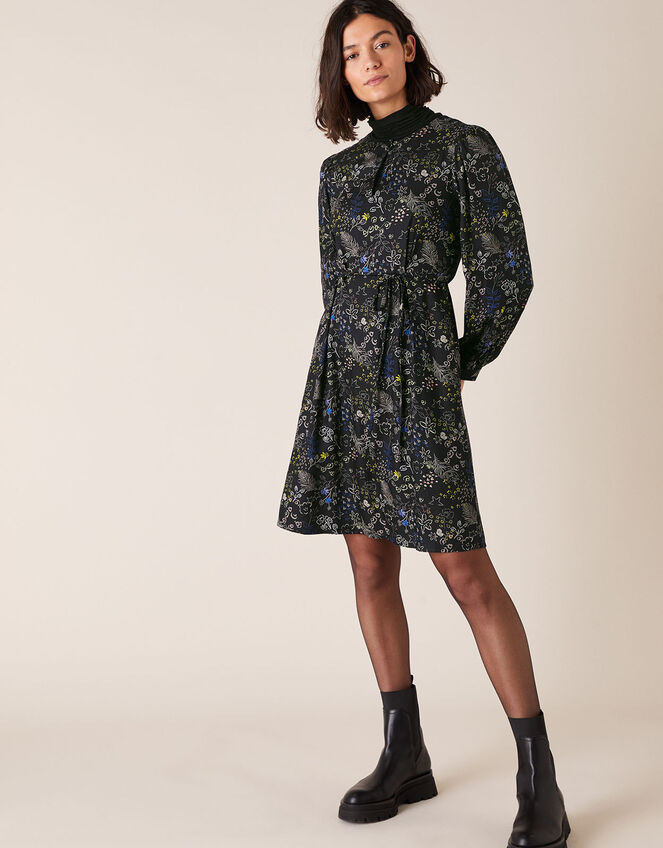 Printed Long-Sleeve Short Dress, Black (BLACK), large