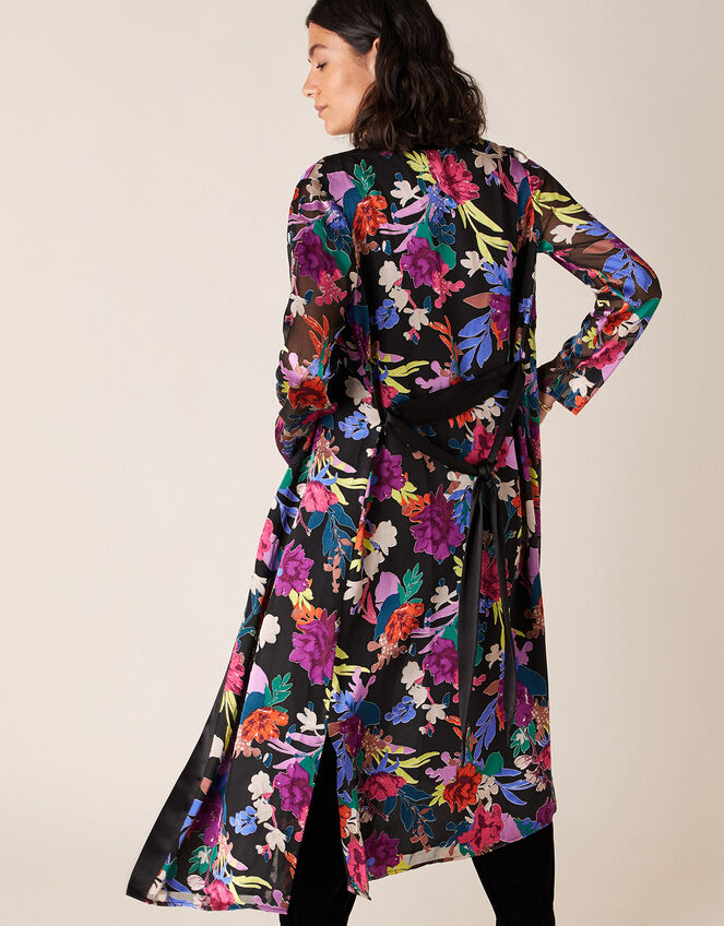Burnout Floral Print Satin Kimono, Black (BLACK), large