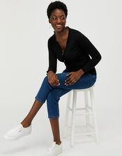 Frilled Knit Cardigan with Faux Pearl Buttons, Black (BLACK), large