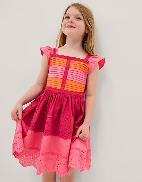 Colour Block Broderie Dress, Pink (PINK), large