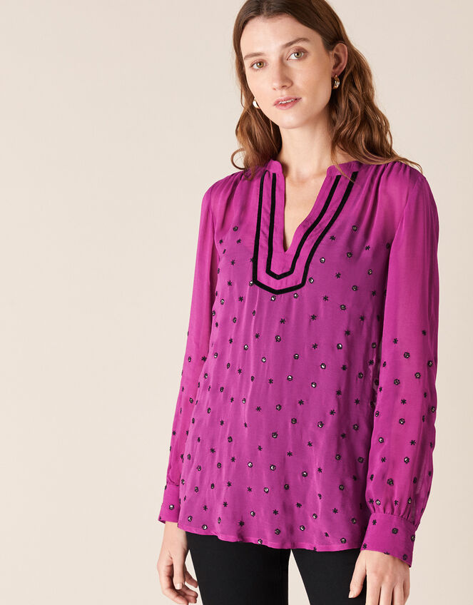 Embroidered Sequin Blouse in Sustainable Viscose, Pink (PINK), large