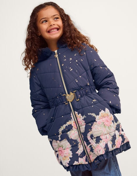 Aurora Floral Print Puffer Coat, Blue (NAVY), large