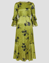 Pelia Satin Ruffle Midi Dress, Green (CHARTREUSE), large