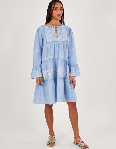 Embroidered Tiered Dress Blue, Blue (BLUE), large
