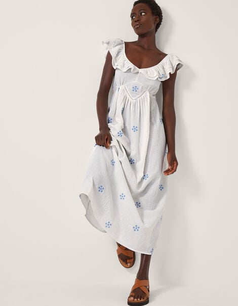 Daisy Frill Embroidered Midi Dress, White (WHITE), large