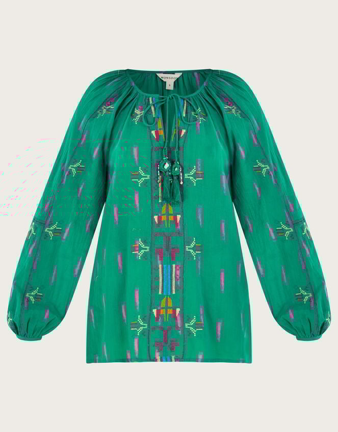 Embroidered Tie Neck Top, Green (GREEN), large