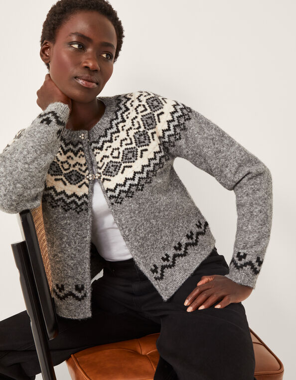 Fina Fair Isle Cardigan, Gray (GREY), large