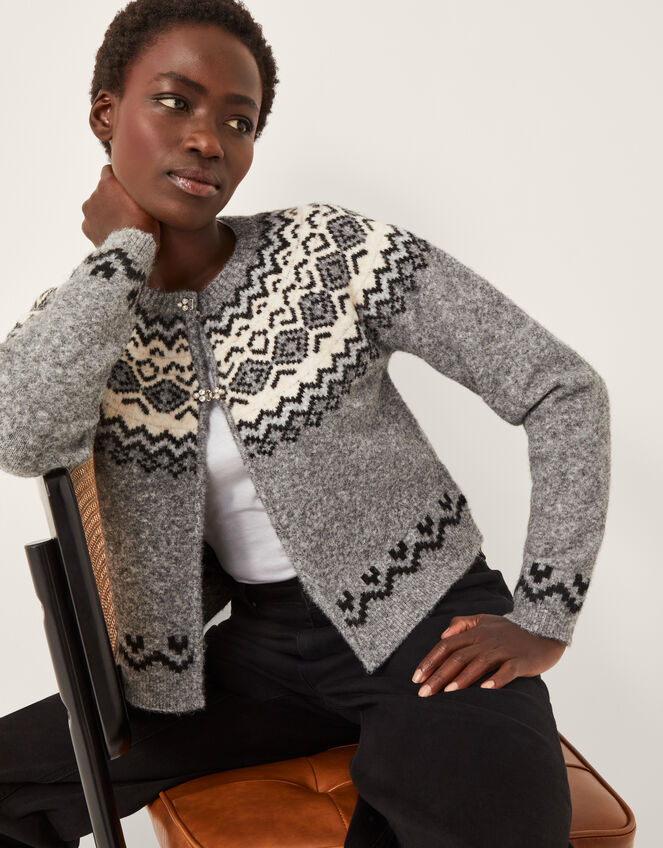 Fina Fair Isle Cardigan, Gray (GREY), large