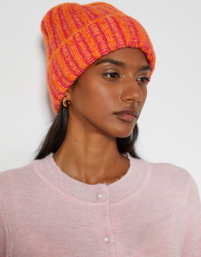 Two-Tone Chunky Knit Beanie Hat, , large