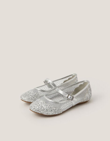 Glitter Mesh Ballet Flats, Silver (SILVER), large