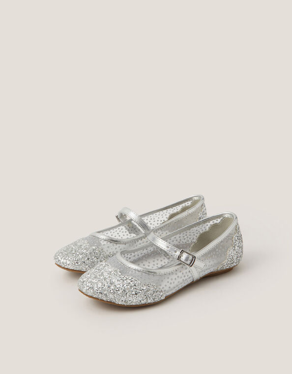 Glitter Mesh Ballet Flats, Silver (SILVER), large