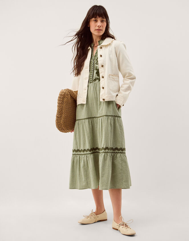 Gaia Embroidered Gingham Midi Dress, Green (GREEN), large