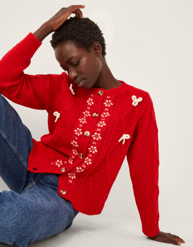 Evie Bow Cable Knit Cardigan, Red (RED), large
