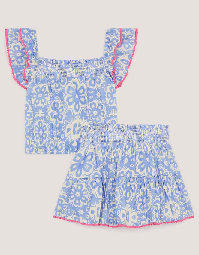 Batik Print Ruffle Top & Skirt Set, Blue (NAVY), large