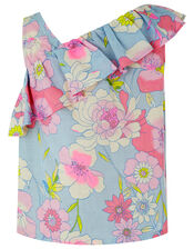 Octavia Floral Top in Linen and Organic Cotton, Blue (BLUE), large