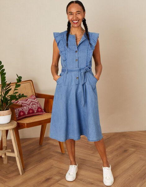 Denim Frill Sleeve Sun Dress in Sustainable Cotton, Blue (DENIM BLUE), large