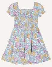 Patchy Floral Shirred Dress, Blue (BLUE), large