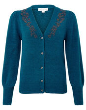 Beaded Knit Cardigan with Recycled Fabric, Teal (TEAL), large