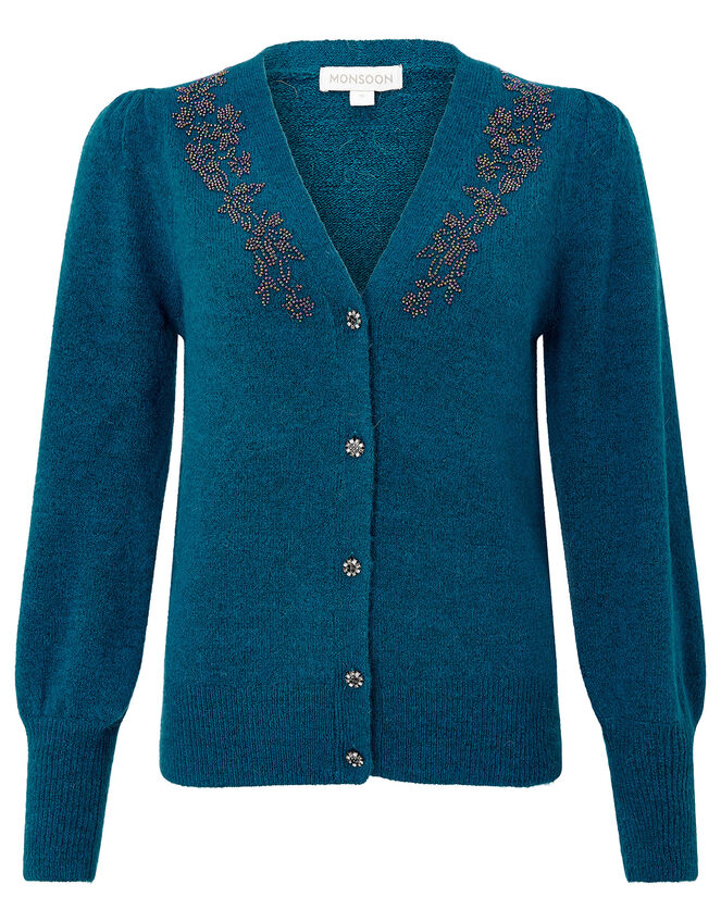 Beaded Knit Cardigan with Recycled Fabric, Teal (TEAL), large