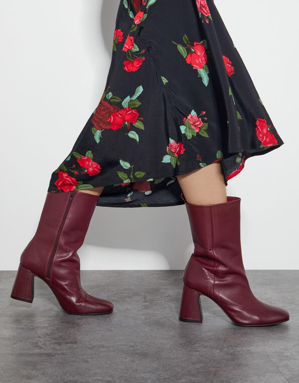 Orla Leather Heeled Boots, Red (BURGUNDY), large
