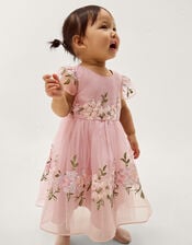 Baby Floral Embroidered Organza Party Dress, Pink (DUSKY PINK), large