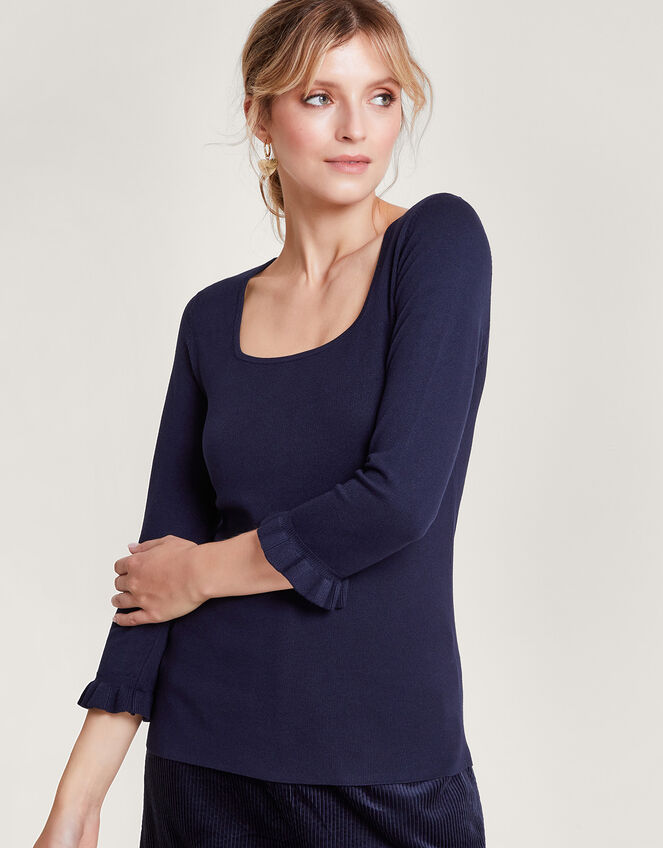 Square Neck ¾ Sleeve Sweater with LENZING™ ECOVERO™ , Blue (NAVY), large