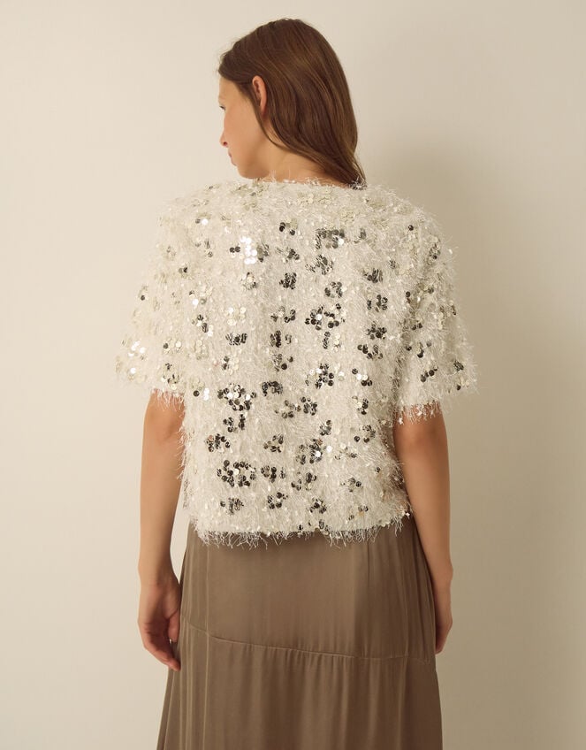 Saskia Short Sleeve Sequin Fringe Top , Ivory (IVORY), large