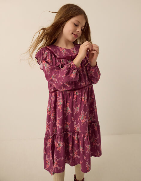 Long Sleeve Floral Print Dress, Red (BURGUNDY), large