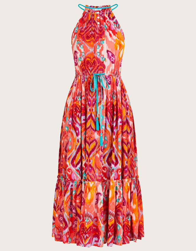 Ikat Paisley Print Halter Midi Dress in LENZING™ ECOVERO™ , Pink (PINK), large