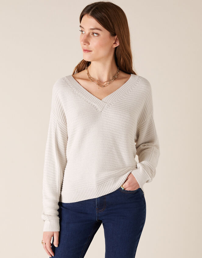 V-Neck Stitchy Yarn Jumper, Ivory (IVORY), large